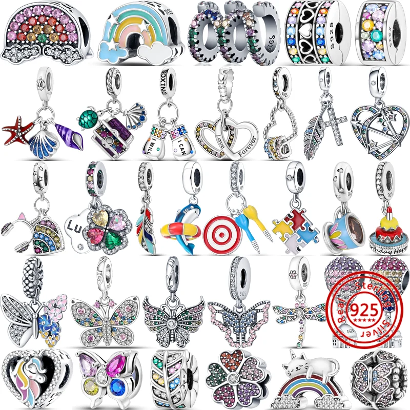 

925 Sterling Silver Sparkling Stars Feather Butterfly Balloon Unicorn Rainbow Colorful Charms Beads Fit Pandora Bracelet Jewelry