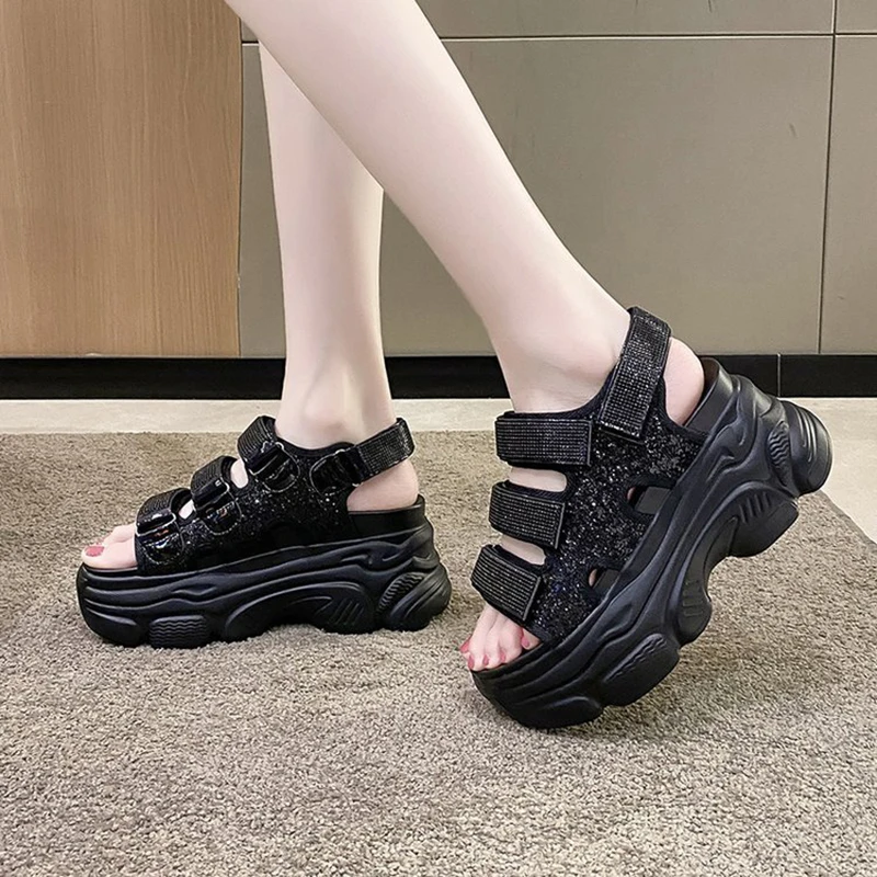 Women Summer New High-Heeled Sandals 9CM Plus High Thick-Soled Sandals Summer Fashion Breathable Wedges Beach Slippers 34-39