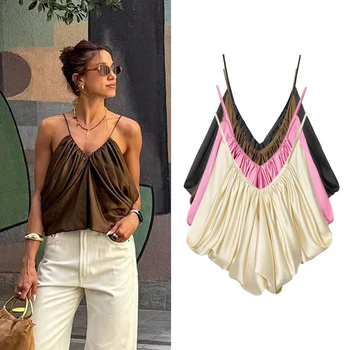 Women's Slip Tops Fashion Satin Pleated V-Neck Sleeveless Top Summer Sexy Female Chic Tops