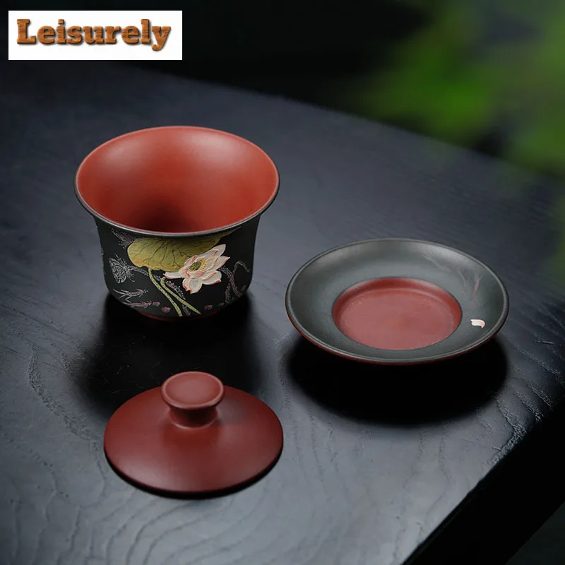 200ml Yixing Purple Clay Gaiwan Famous Mud-painted Lotus Tea Tureen Beauty Tea Infuser Cover Bowl Chinese Handmade Zisha Set