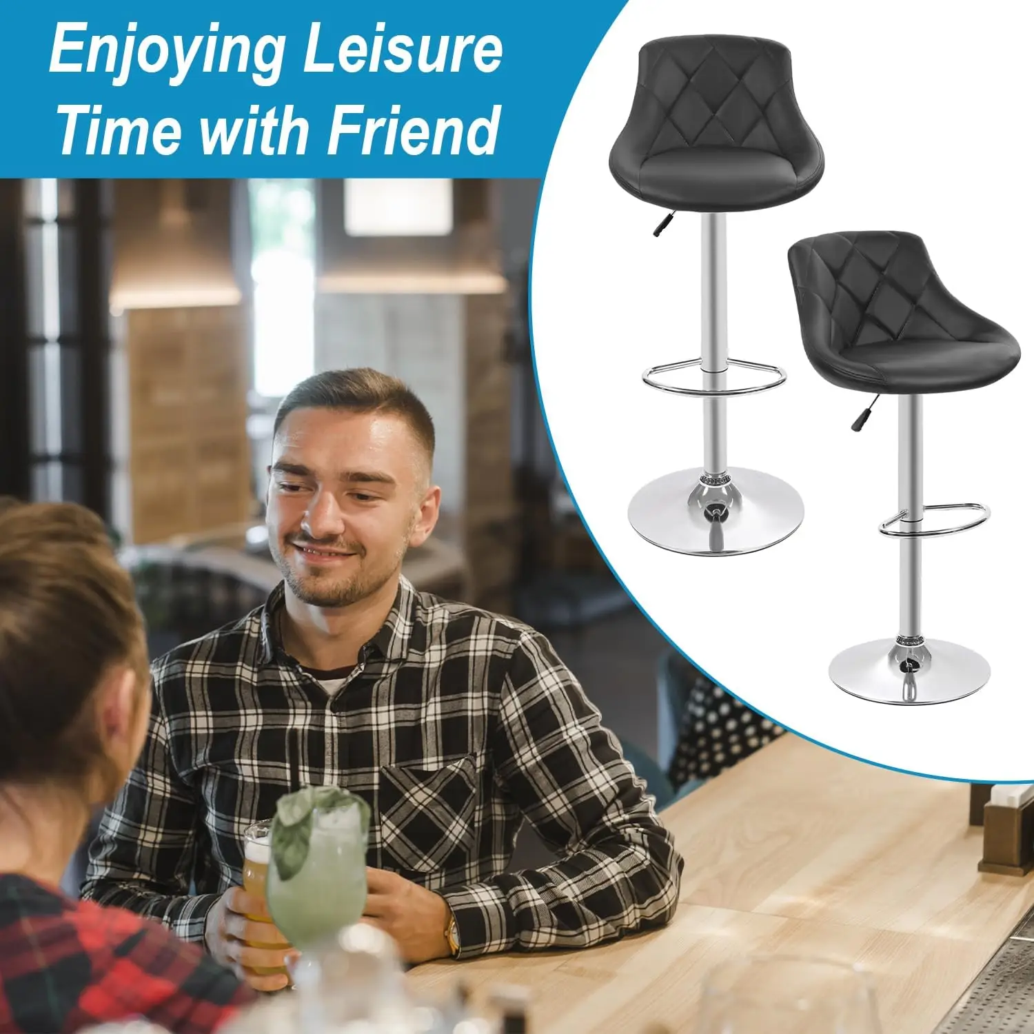 Bar Stool Set of 2 PU Leather Bar Chairs with Backrest Height-Adjustable Swivel Counter Height Bar Stools Set Kitchen