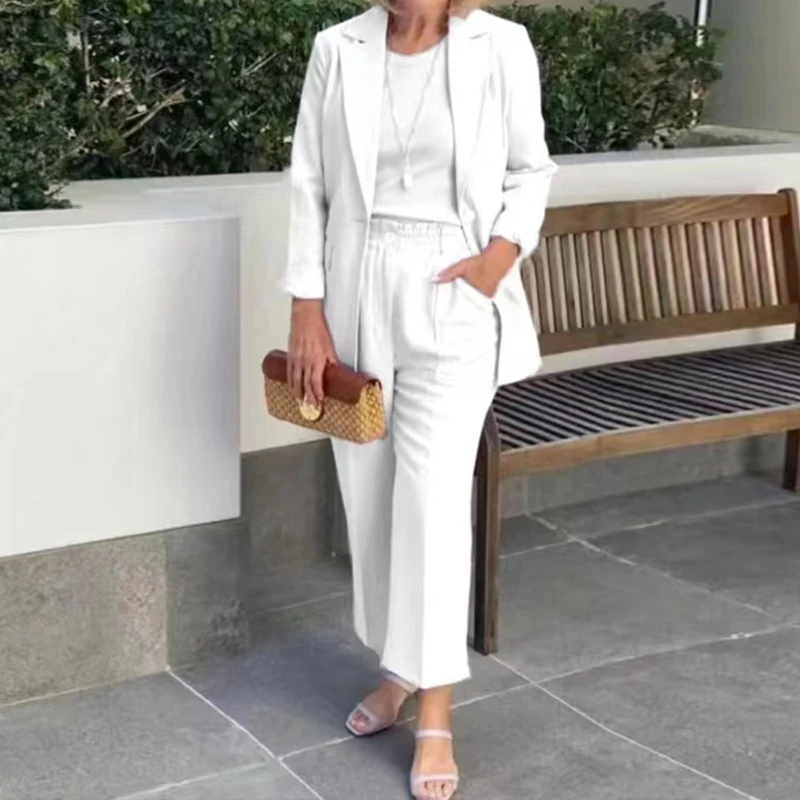 

Solid Cotton Linen Two Piece Set Fashion Turn-down Collar Slim Jackets & Pockets Pants Suit Women Commuting Long Sleeve Outfits
