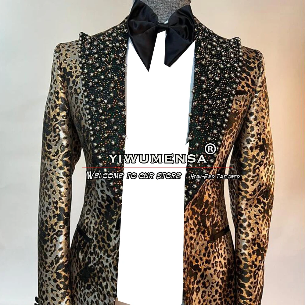 

Leopard Print Man Suti Jackets Elegance Groom Tuxedos Custom Made Black Notch Lapel Beads Man Blazer Prom Dinner Party Coat 2024
