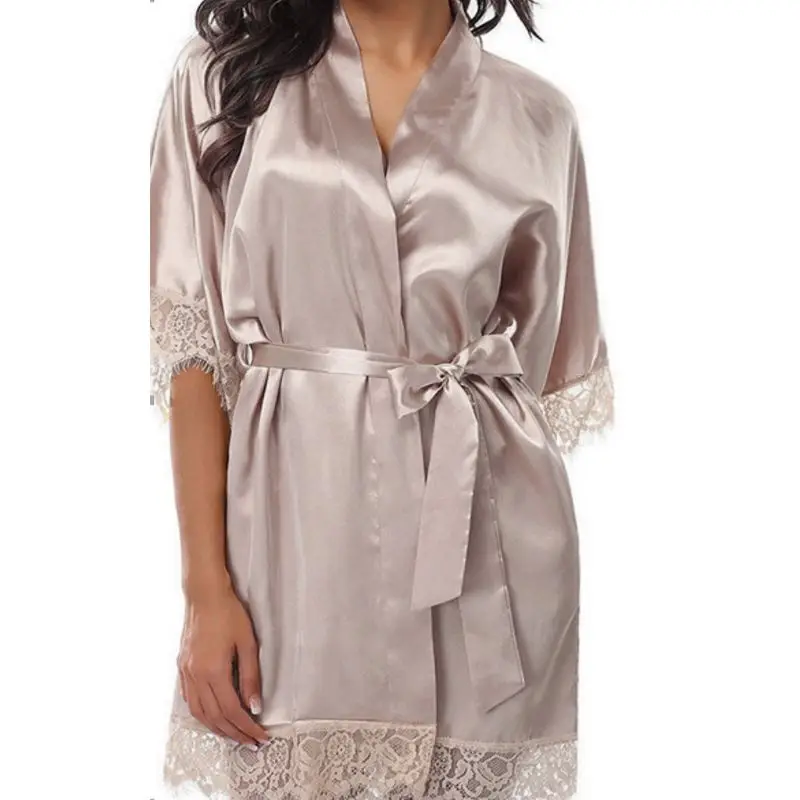 

Womens Summer Ice Silk Half Sleeve Nightgown Sexy Eyelash Lace Patchwork Short K