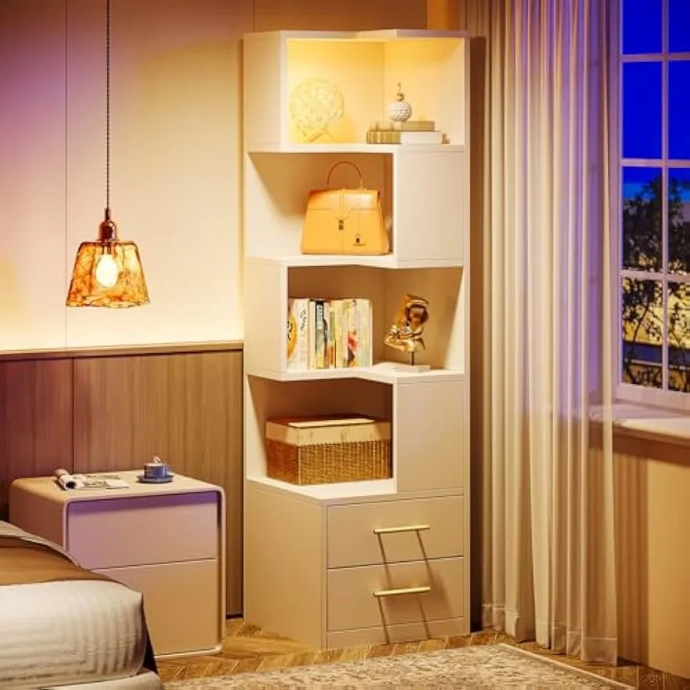 5-Tier Corner Bookshelf with 2 Drawers, 66.9-Inch Tall Corner Bookcase Shelf, Modern Simple Corner Storage Cabinet 5