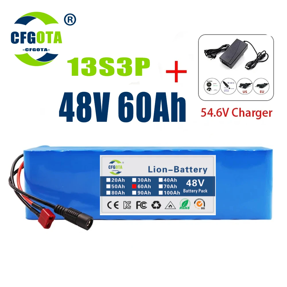 100% Nuova Batteria 48V Agli Ioni Di Litio 48V 60Ah 1000W 13 S3P Batteria 54.6V E-Bike Motorino Bicicletta Elettrica Bms + Caricabatterie