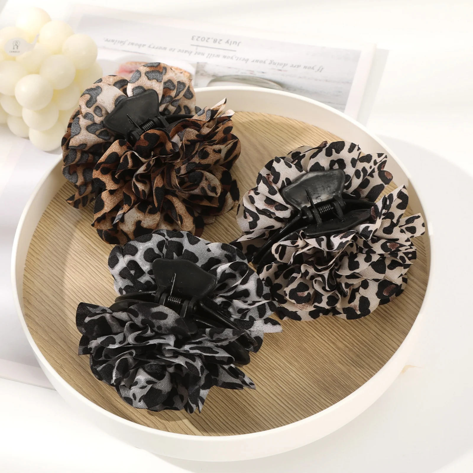 AWAYTR Leopard Pattern Flower Hair Claws Fabric Floral Hair Clips Crab For Women Girl Gift Hair Accessories Valentine Headwear