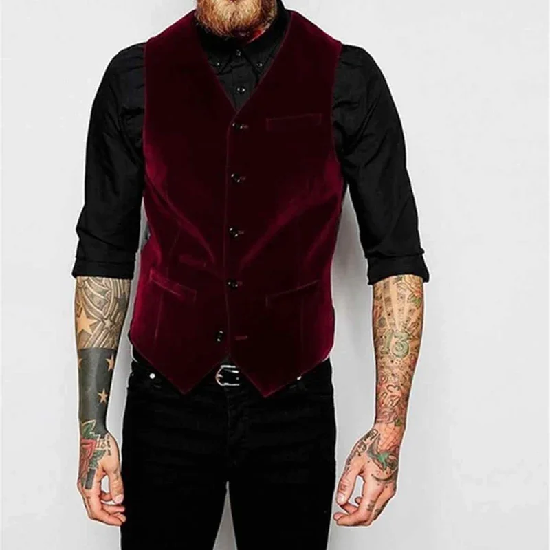 Burgundy Velvet Vest for Men Suit V Neck Single Breasted 1 Piece Casual Male Waistcoat New Fashion Coat 2