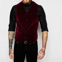 Burgundy Velvet Vest for Men Suit V Neck Single Breasted 1 Piece Casual Male Waistcoat New Fashion Coat 2