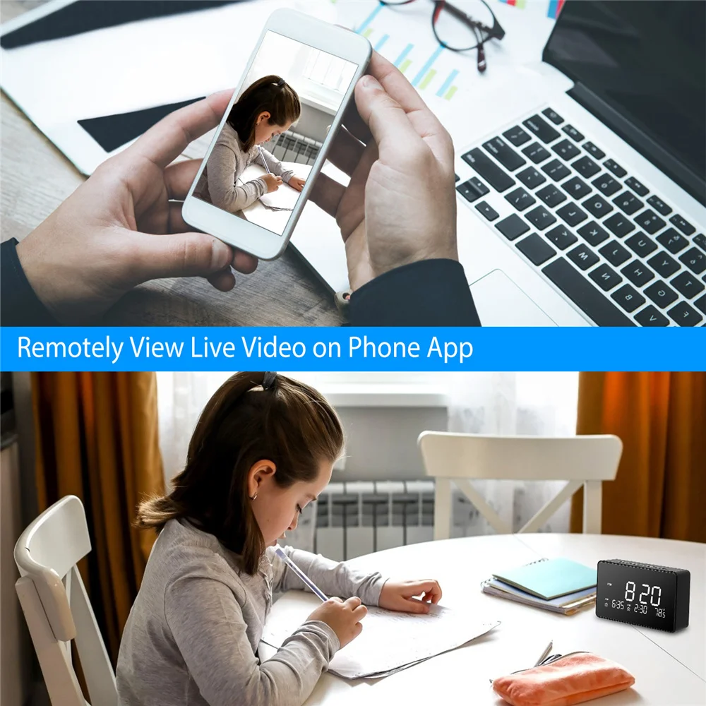 Split image showing a hand holding a smartphone displaying live video of a girl studying, and the girl studying at a desk with a SpyCam Clock showing the time.