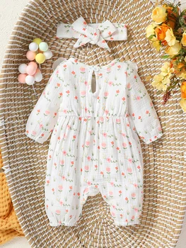 Baby Girl's All Seasons Long Sleeve Print Floral With Bow Daily Jumpsuit 2