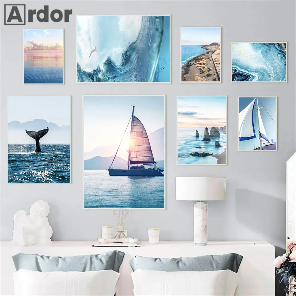 

Blue Sea Ocean Landscape Prints Canvas Painting Whale Poster Sailboat Wall Art Print Nordic Wall Pictures Living Room Home Decor