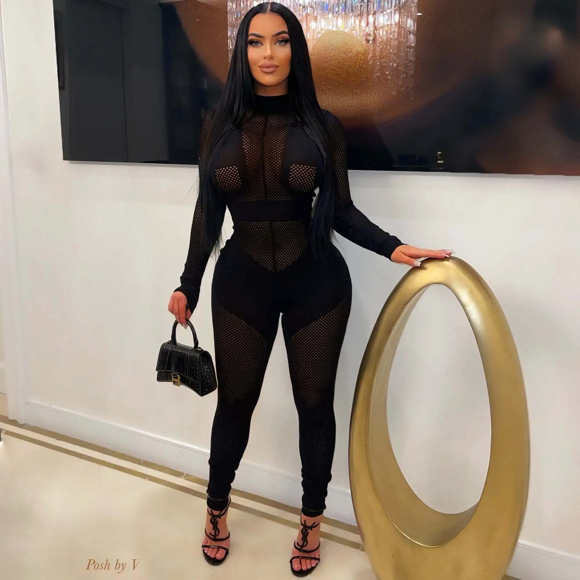 2023 Women Mesh Black Sexy Knitted Jumpsuits One Piece Outfits Fashion Winter Club Elegant Bodycon Jumpsuit Bodysuit Playsuit