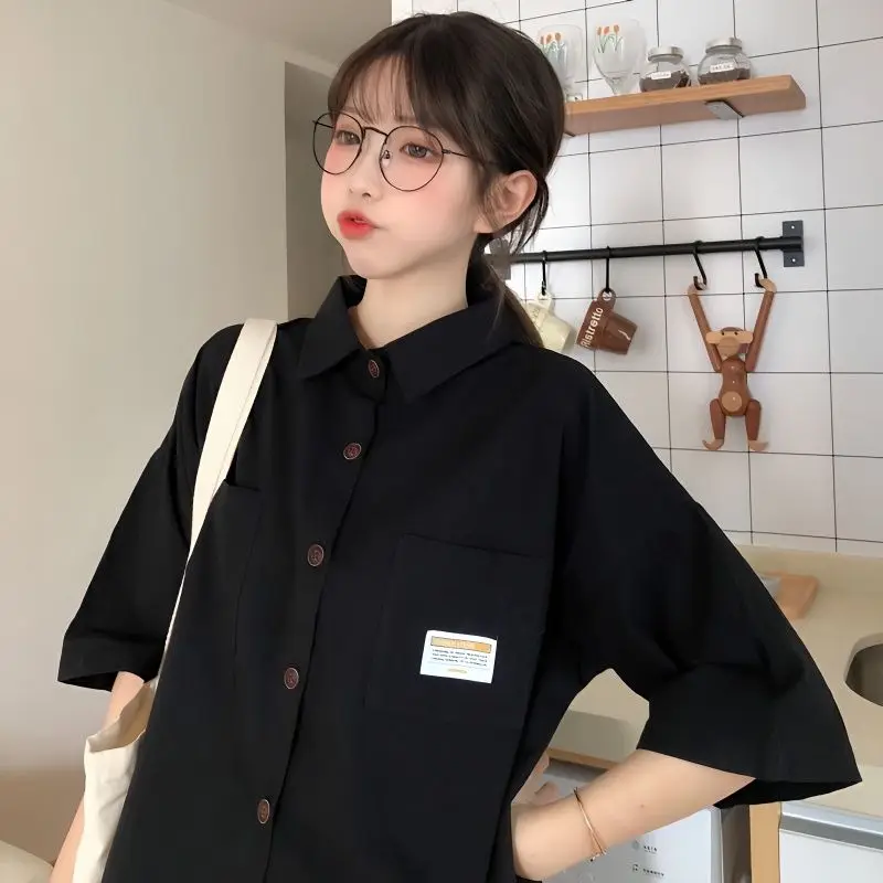 

EBAIHUI Korean Women Shirt Summer New Solid Color Ladies Short Sleeved Blouse Loose Flip Collar Cute Preppy Style Casual Blusas