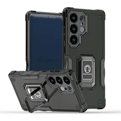 Durable Military Flag Shockproof Phone Case with Metal Holder - S22 Ultra (Black)