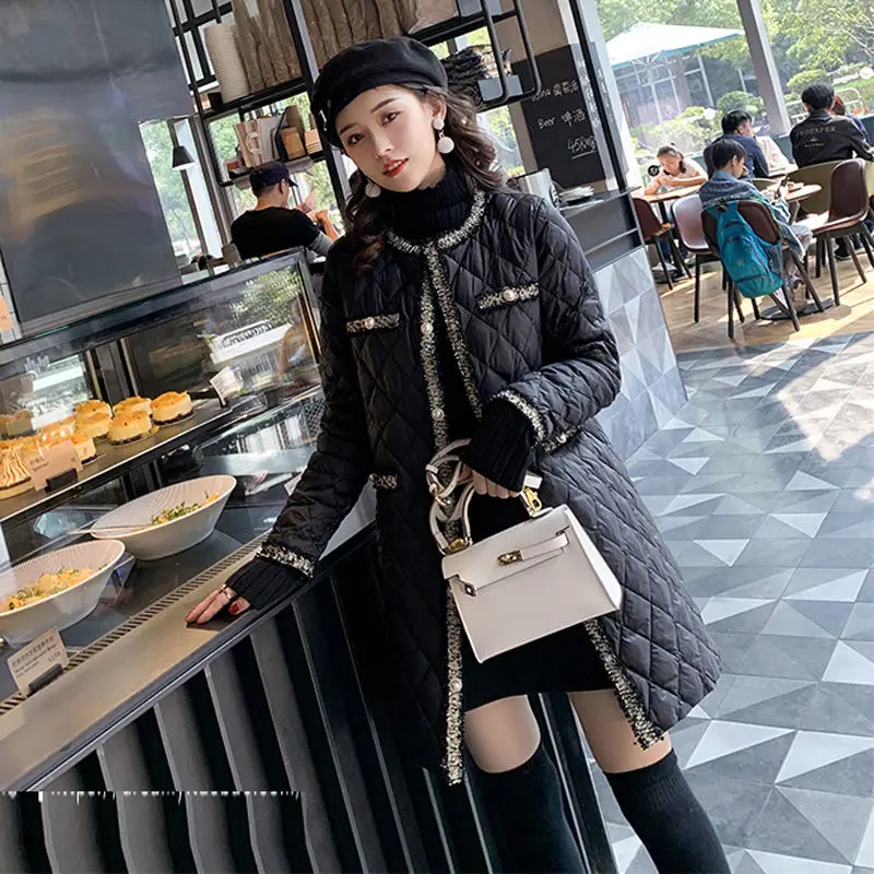 Elegant O Neck Button Lightweight Women Long Warm Outerwear Tassels Patchwork Female Black Padded Jacket 2023 Winter Wadded Coat