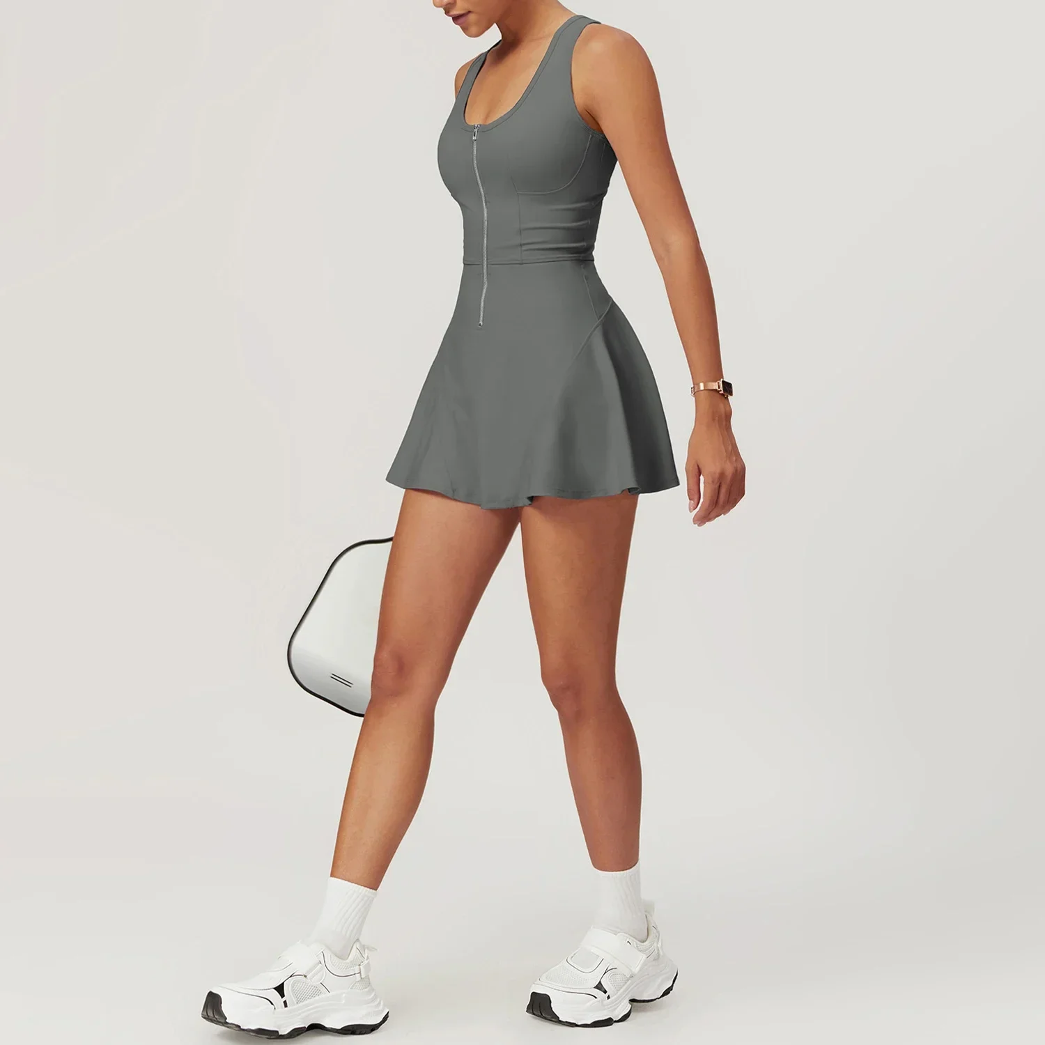 Anti-Shine Bottom Sports Zipper Dress Women Solid Color Summer Outdoor Running Breathable Fitness Tennis Dresses Sports Dresses