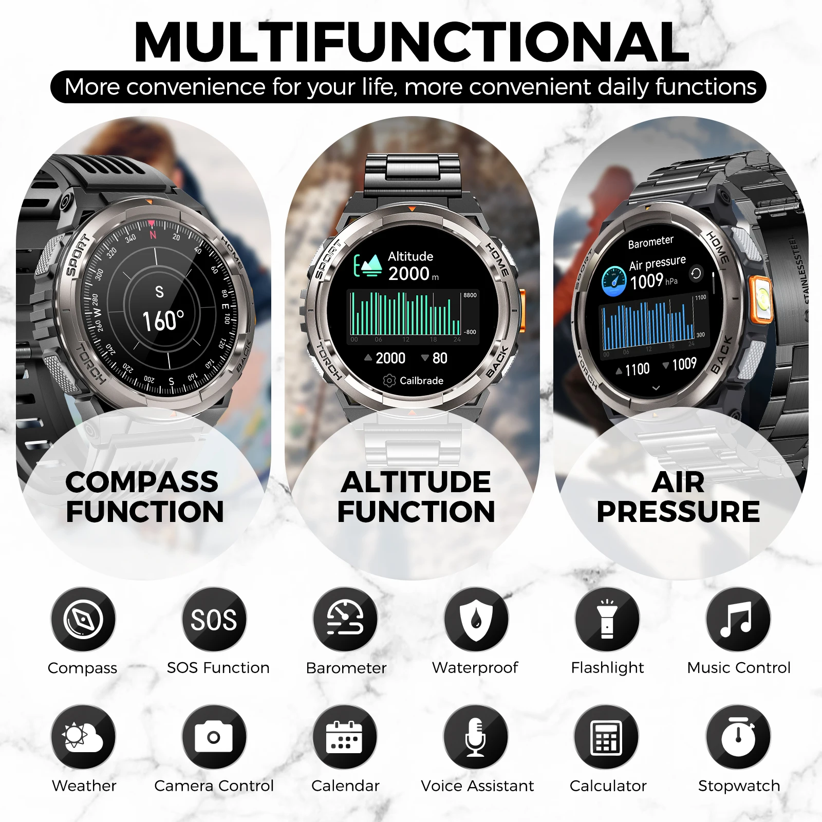 LaNikar Smart Watch New KE5 3ATM Waterproof Original Design Sports Watch With Compass And Altitude Barometer LED Flashlight Call - Image 6