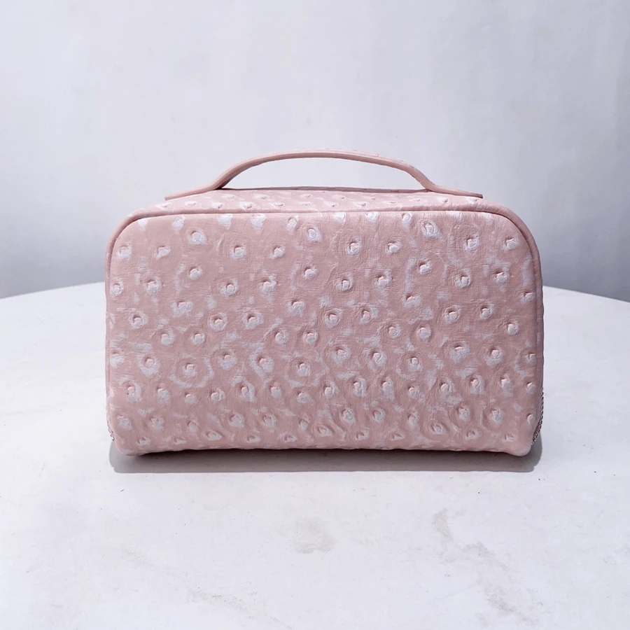 Genuine Leather Cowhide Pink Ostrich Pattern Makeup Box Bags For Women Luxury Designer Handbag New Toiletry Portable Travel Sto 2