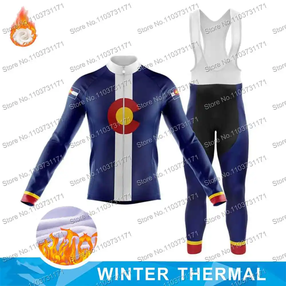 Winter Fleece Colorado Flag Cycling Jersey Set Colorado Mountain Clothing Road Bike Shirts Suit Bicycle Bib Pant MTB Maillot