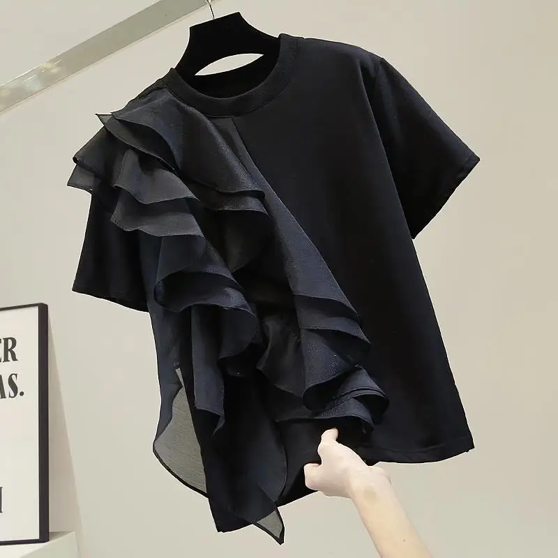 

VANOVICH Fashionable Ruffled Stitching Contrast Color Short Sleeve O-neck Pullover T-shirt 2024 Summer New Korean Style Slim Top