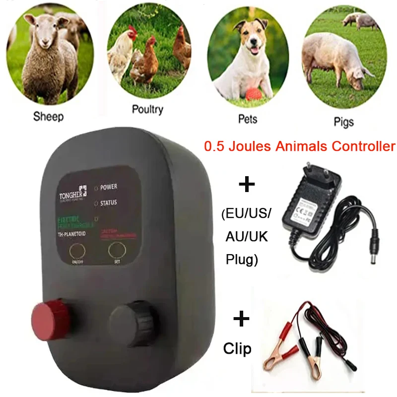 Electric Fence 0.5 Joules Portable Energizer for Farm Sheep Poultry Livestock 2 Modes AC Aadpter 8*Batteries Animals Controller