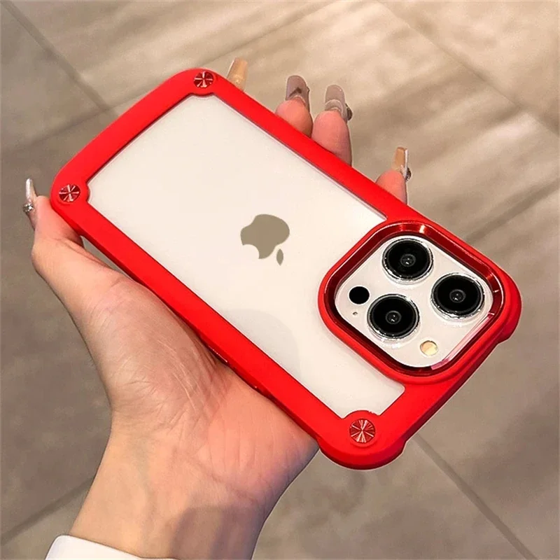 Shockproof Armor Clear Phone Case with Transparent Acrylic and Metal Button Hard Bumper Cover