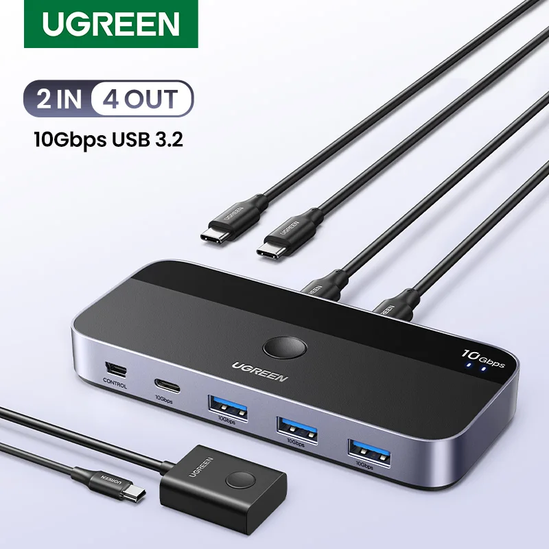 

UGREEN 10Gbps USB C KVM Switch USB C 3.2 Switcher for PC Keyboard, Mouse, Printer and Scanner 2 PCs Sharing 4 Devices USB Switch