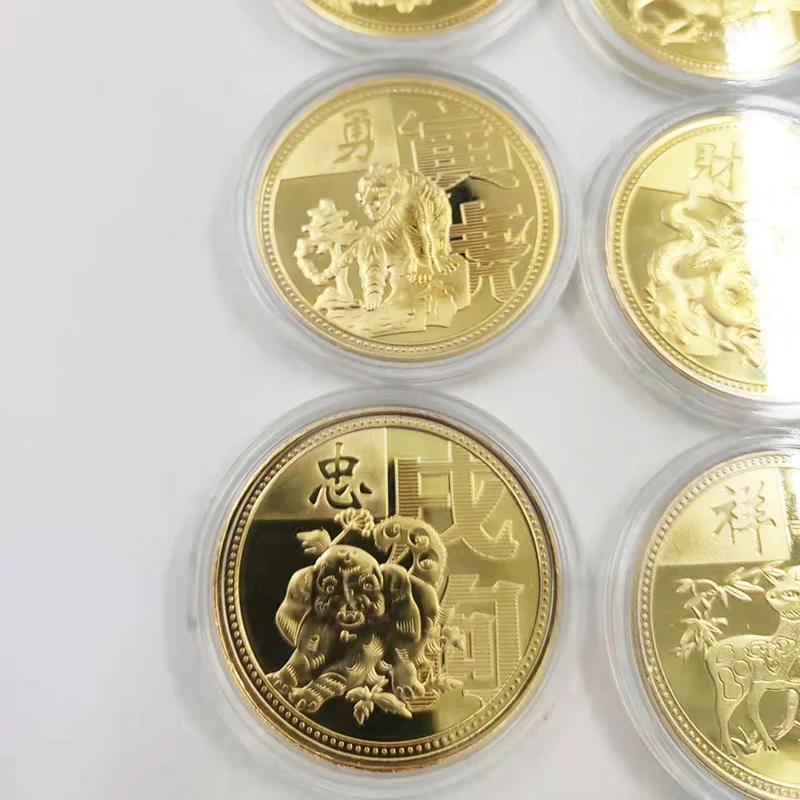 12 Animal Gold Plated Collectible Coin for Luck Chinese Feng Shui Rabbit Dragon Snake Horse Commemorative Coins New Year