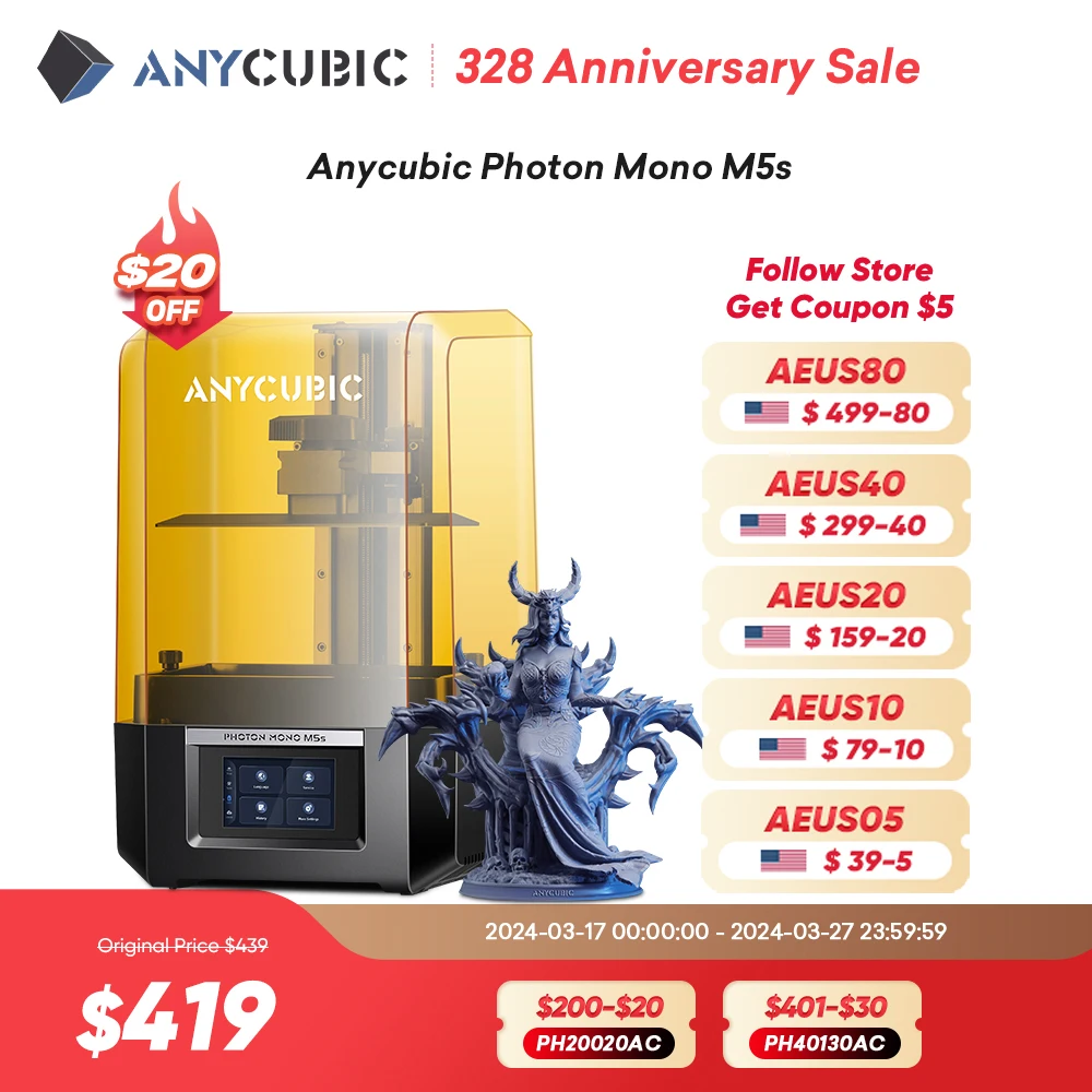 ANYCUBIC Photon Mono M5s 10.1'' 12K SLA LCD 3D Printer High Speed 150mm/h Resin 3D Printer Printing Size 200*218*123mm