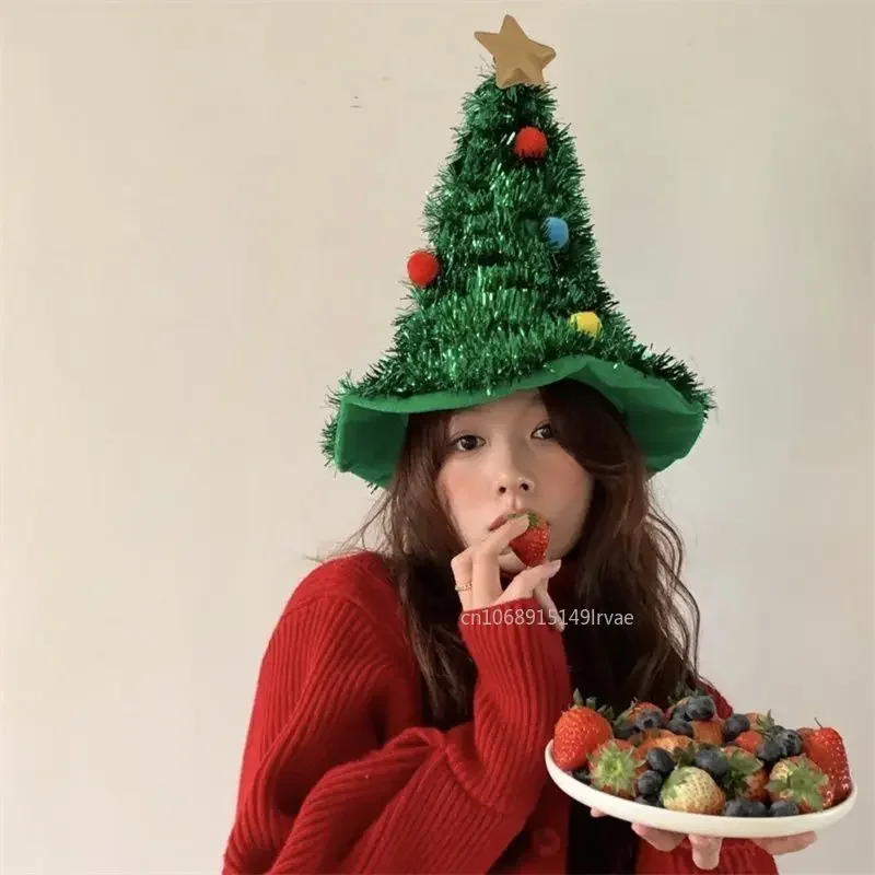 Christmas Tree Hats Fabric Rain Silk Hat for Adults Kids Funny Santa Hat with Tinsel Xmas Holiday Party Costume New Year Decor