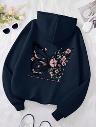 Rose Butterfly Graphic Print Women's Warm Hooded Sweatshirt - Casual Loose Fleece Hoodie - XXL (Dark Blue)