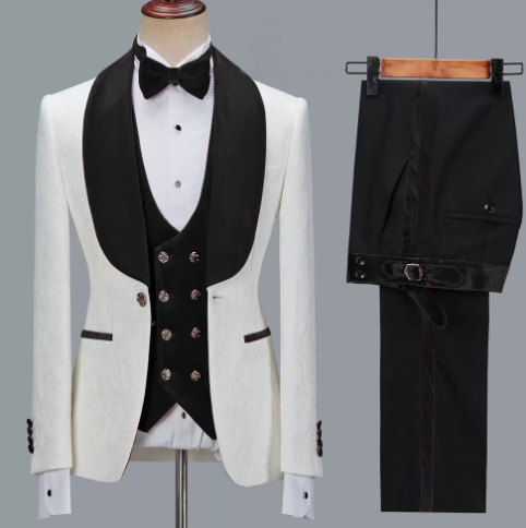 Floral Jacket Men Suit Slim Fit Wedding Tuxedo Navy Blue Velvet Lapel Groom Party Suits Costume Homme Best Man Blazer - Black, XL