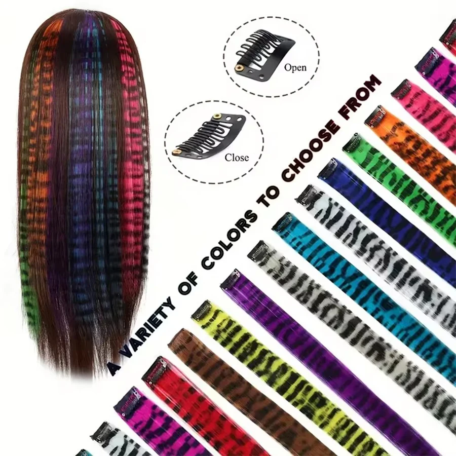 Hair Extensions 1PCS Y2K Colorful Leopard print long Straight One-piece Clip-In Synthetic Hairpieces cosplay Hair accessorties hair extensions