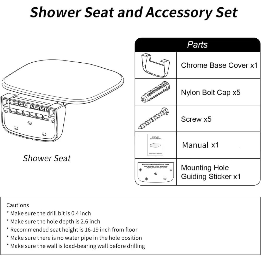Folding Shower Chair Wall Mounted Fold Down Shower Seat 400 LB Capacity Foldable Shower Seats for Adults Elderly Disabled White 6