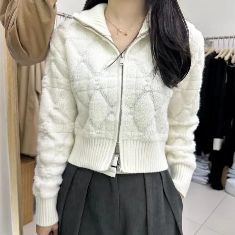 

Turtleneck Short Zipper Sweater Coat Women New Fall Winter French Stand Collar Knitted Plush Cardigan Top Lazy Fashion Clothing