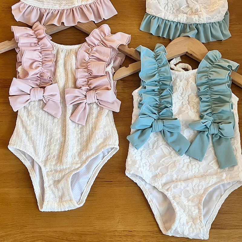 Girls Short-sleeved One-piece Swimsuit and Swimming Cap Set