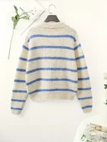 Women's Fashion Casual POLO Collar Striped Knitted Hoodie Soft and Comfortable Intercolor Sweater - Image 2