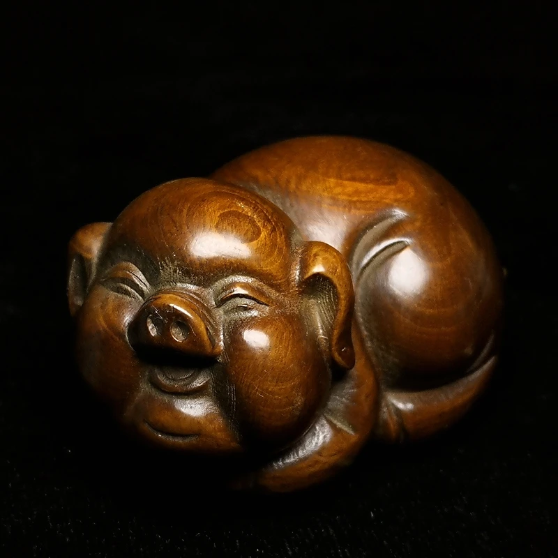 

1919 Antique art Size 2.4 Inch Old Chinese Hand carved Boxwood Wood Pig Figure Statue Home Desk Decoration Gift Collection