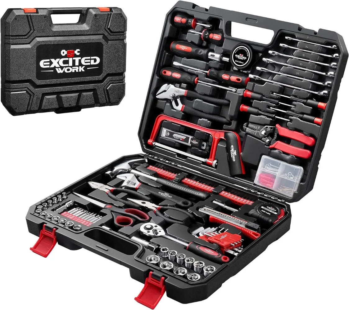 

198 Piece Household Tool Set,General Home/Auto Repair Hand Tool Kit with Hammer, Pliers, Wrenches, Sockets and Toolbox Storage