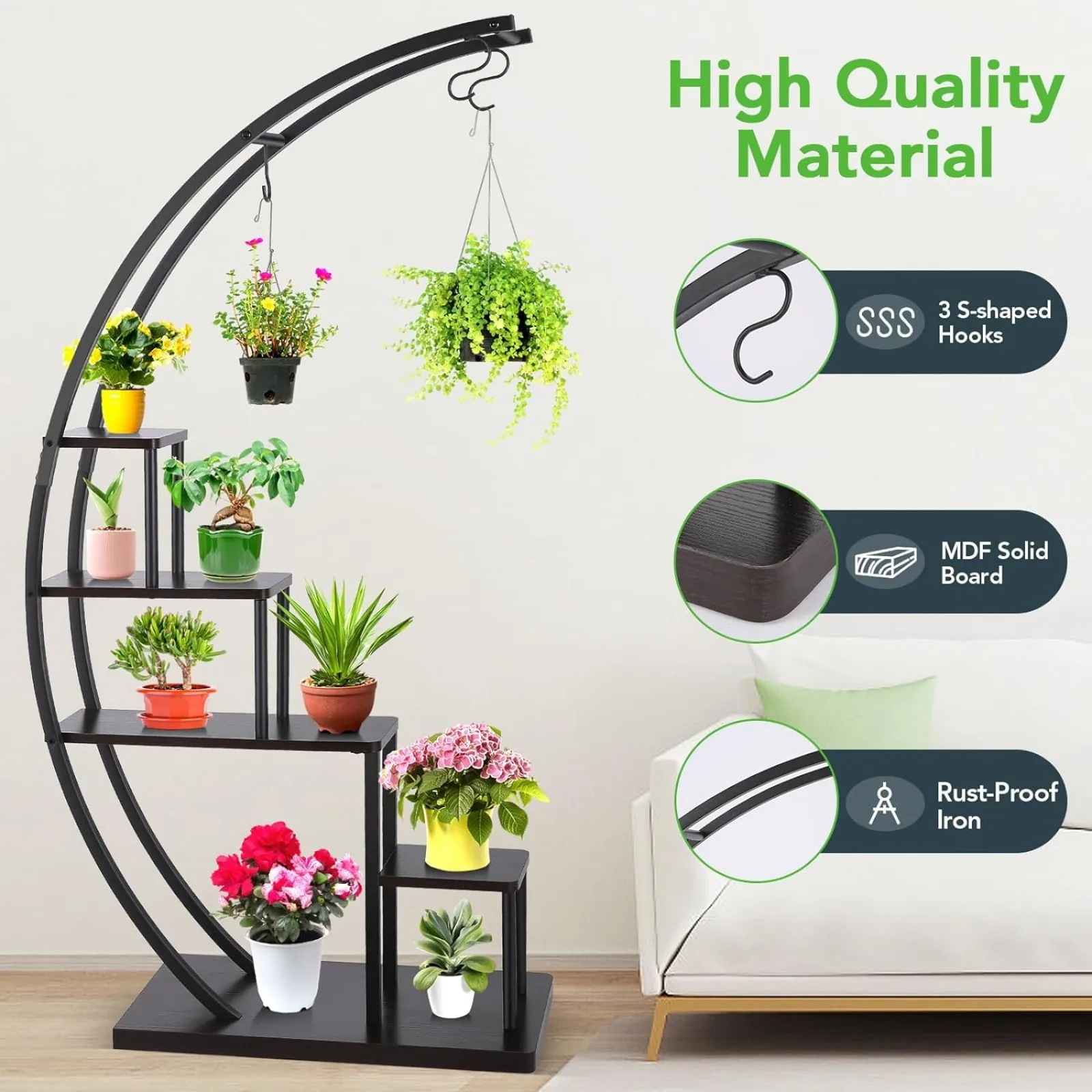 US Homdox 5 Tier Metal Plant Stand Indoor, Tall Half Moon Plant Stands, Heart Shape Flower Pot Shelves for