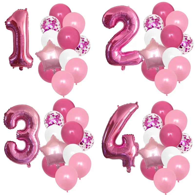 32in Pink Confetti Number Balloons Girl Birthday Party Decor Latex 1-10 Age Balloons for Kids Birthday Photo Backdrop Supplies