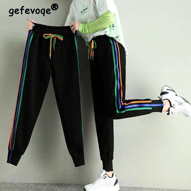 Korean Fashion Casual High Waist Drawstring Trousers Side Stripe Pockets Sports Joggers Streetwear Haren Pants Women Sweatpants