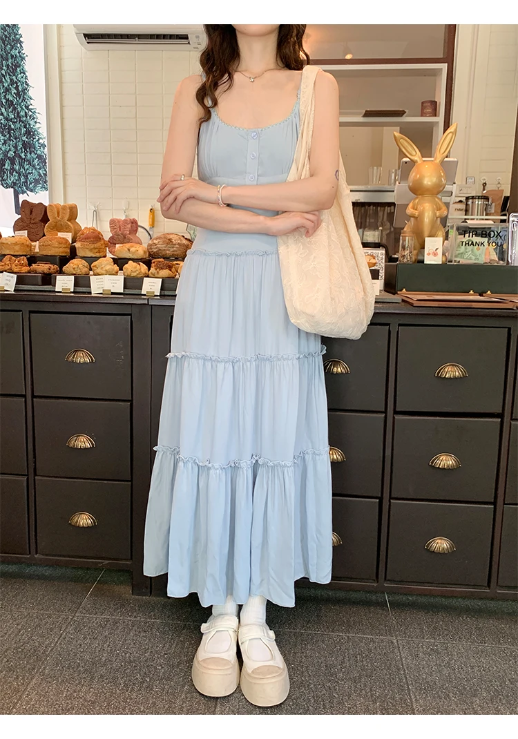 French Elegant Dresses for Women Solid Spaghetti Strap Summer New Ruffles A-line Casual Korean Chic Midi Vestidos Mujer