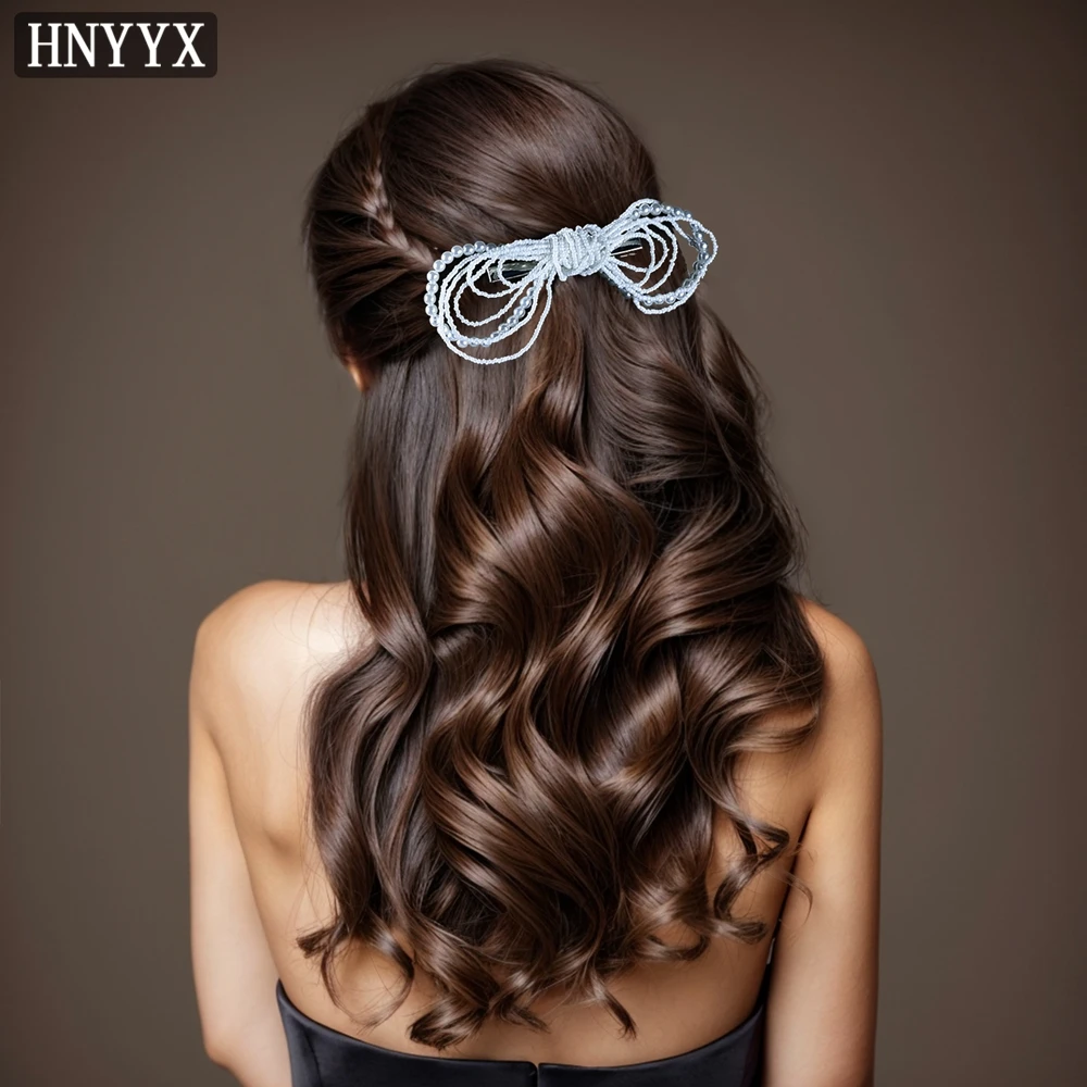 HNYYX White Crystal Bow Hair Clip Pearl Hairpin Elegant Party Headdress Fashion Headwear Wedding Hair Jewelry for Women A93