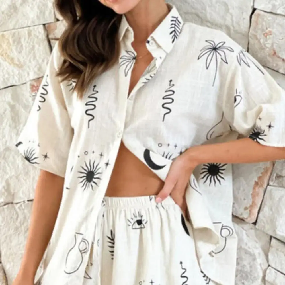 

Women Suit Women's Printed Shirt Shorts Set For Summer Vacation Casual Homewear Beach Blouse With Elastic Waist Soft Loose Fit