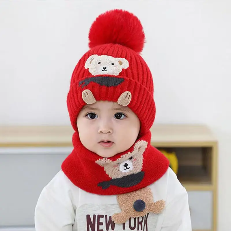 

Cute Bear Boys Winter Hat Scarves Set Boys Girls Thicken Hat With Scarf In Autumn Cute Baby Hat for Children Ages 1-4 Years
