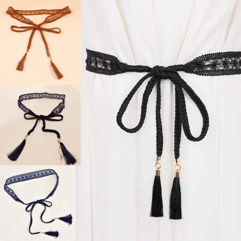 

Women Ethnic Style Tassel Belt Fashion Ladies Braided Woven Rope Thin Knot Decorated Waistband Lace Waist Belts For Dress