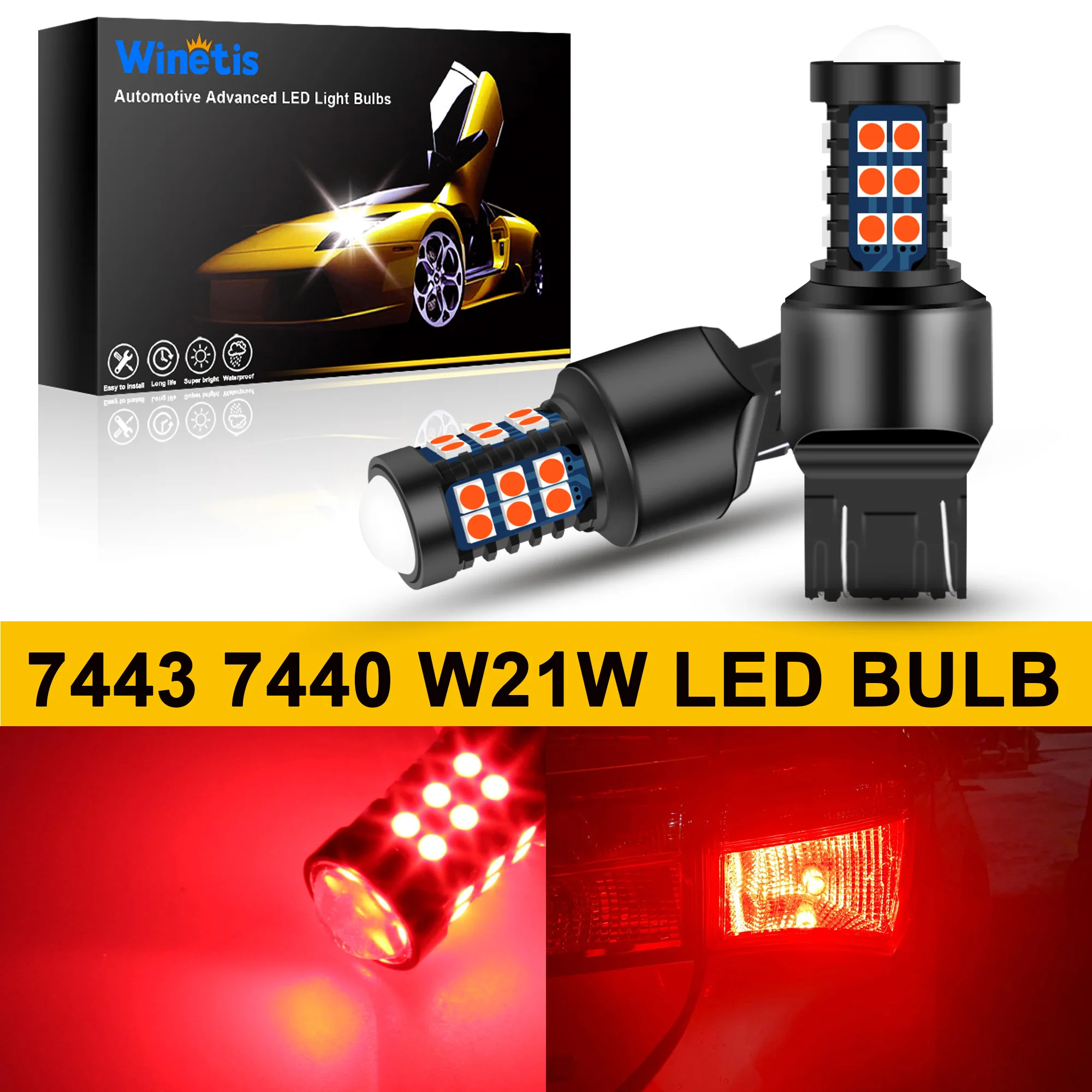 

Winetis 2X Super Bright 7443 7440 T20 LED Bulbs with Projector Replacement for Tail Brake Lights Turn signal Light Brilliant Red
