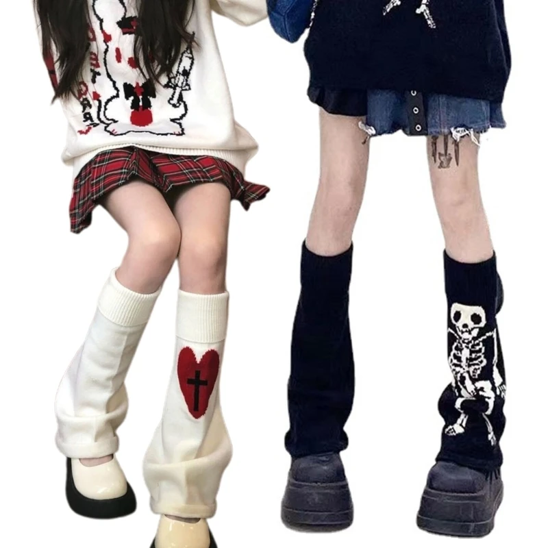 

Japanese Women Harajuku Leg Warmers Socks Gothic Punk Knit for Cross Heart Skull Skeleton Jk Uniform Foot Cover Streetwe